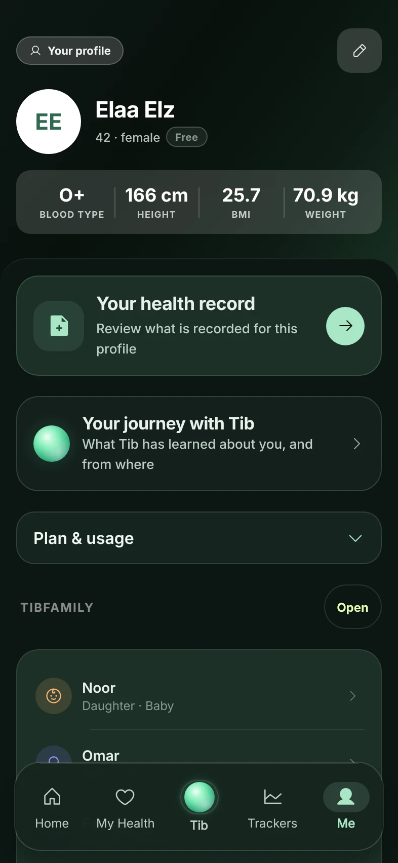 TibMind Me: profile details, health record, journey with Tib, plan and usage, and TibFamily members