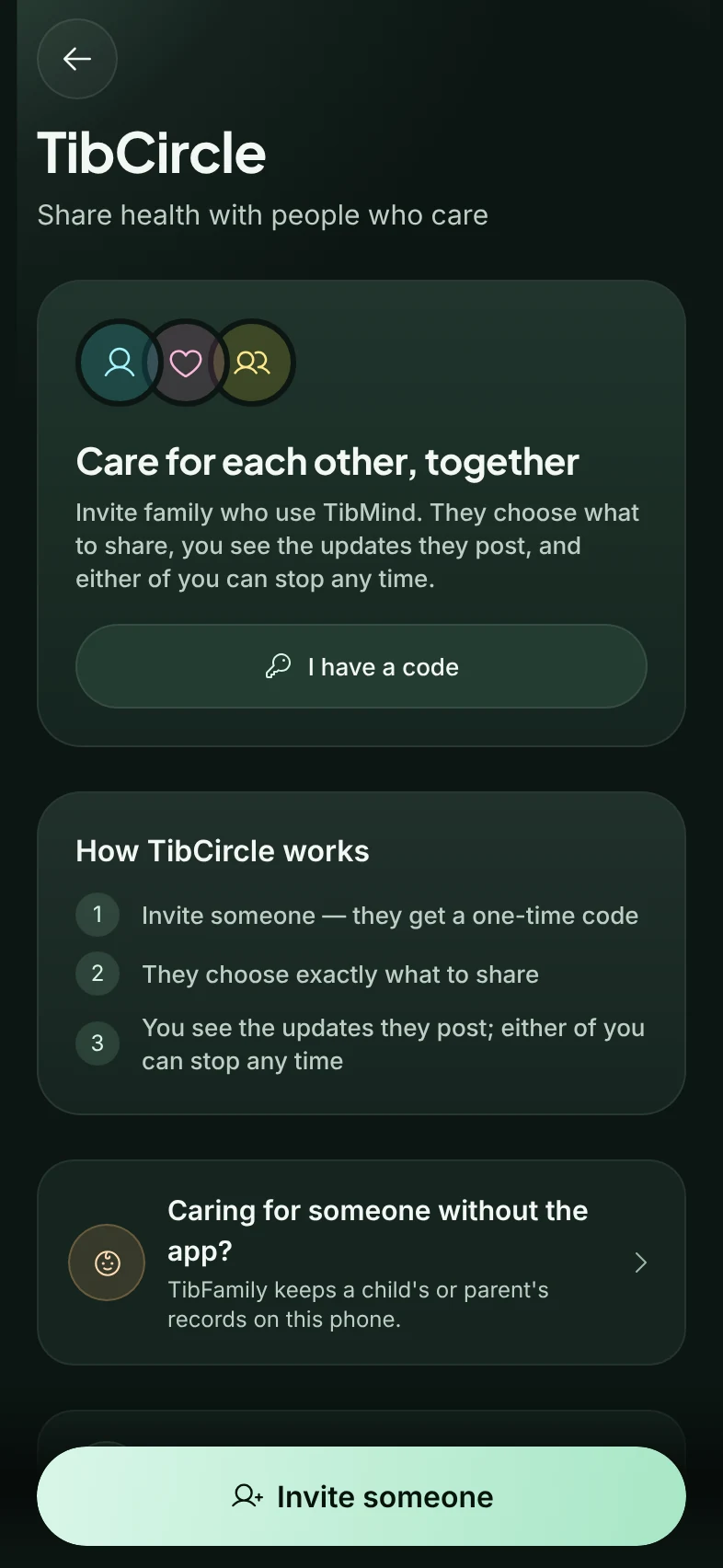 TibMind TibCircle: invite family who use TibMind; they choose what to share and either of you can stop at any time