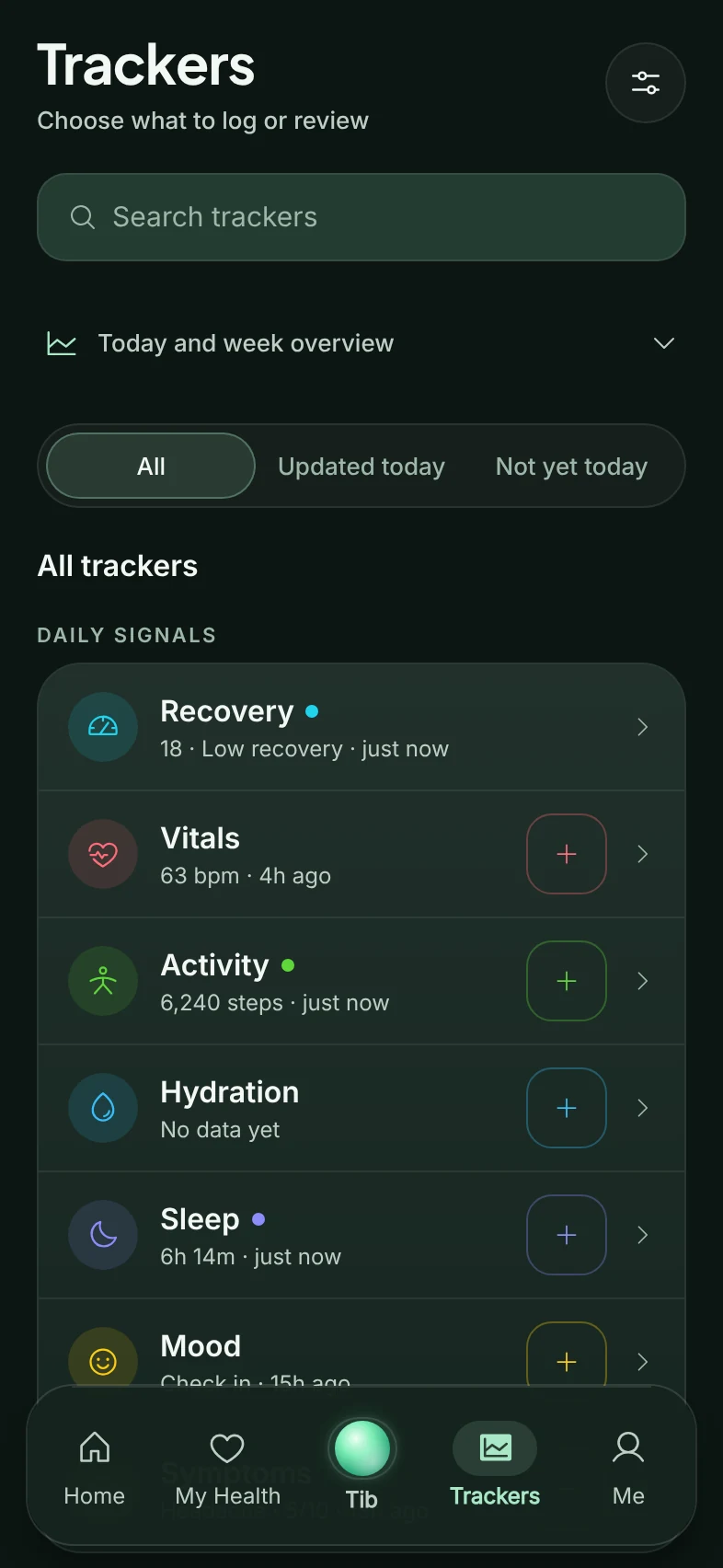 TibMind Trackers: a search field and a list of trackers — recovery, vitals, activity, hydration, sleep and mood — each with a quick log button